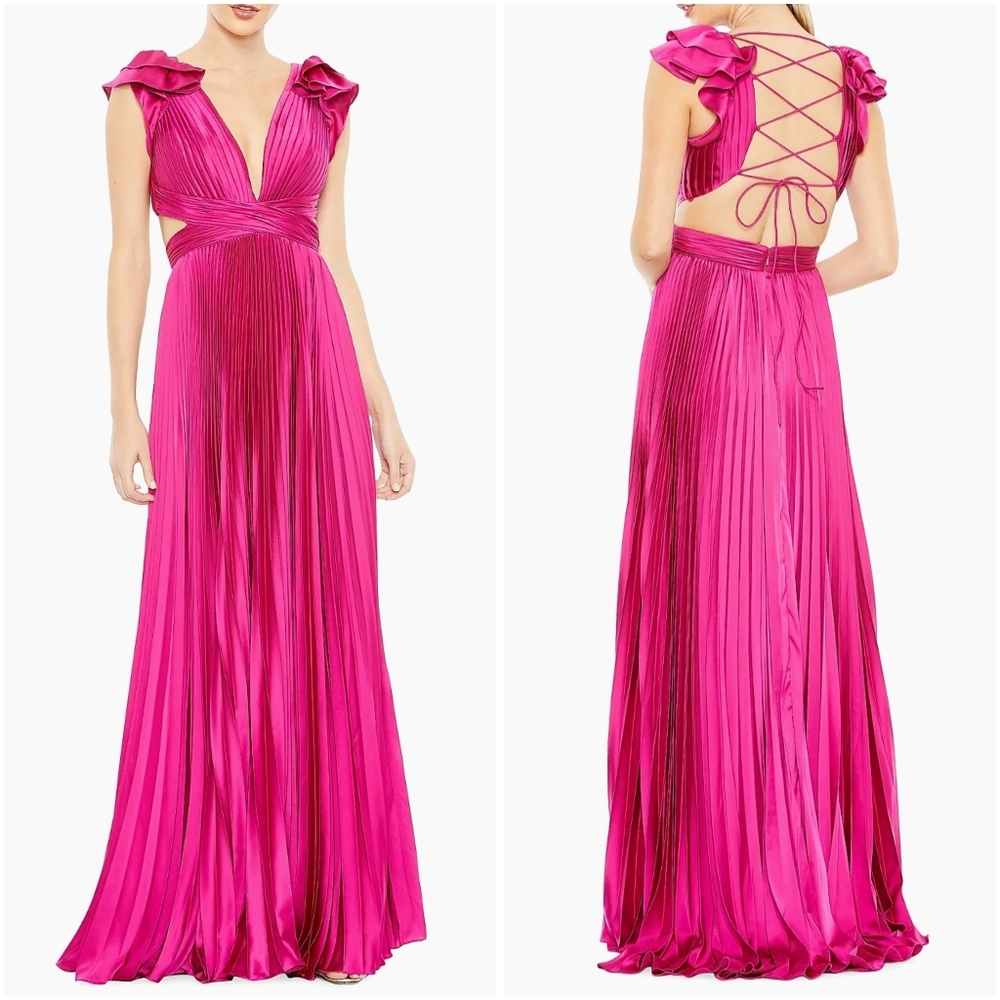 Mac Duggal 26729 Pleated Satin Lace Up Gown Fuchsia 2 NWT New